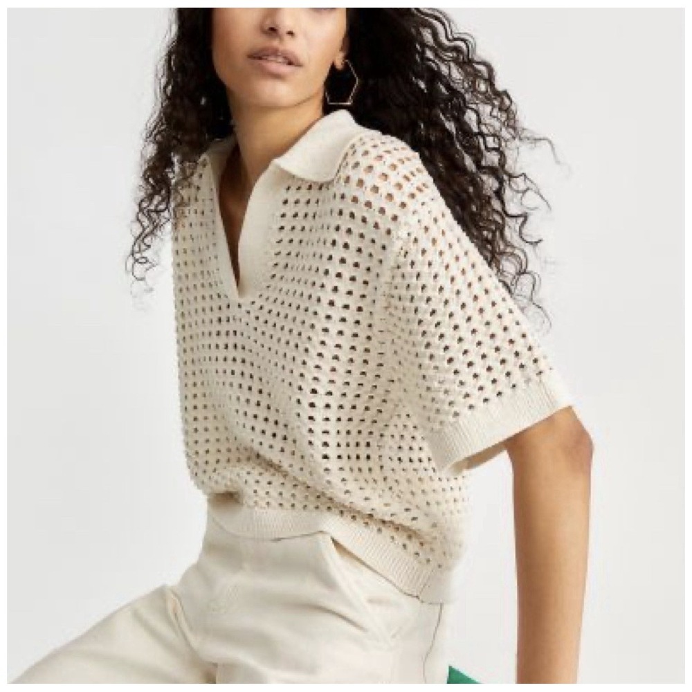 H&M Cream Open-Knit Crochet Polo Sweater Medium Pointelle Beachy Boxy Preppy